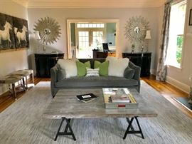 Lillian August Velvet Sofa and Grey Wash Cocktail Table and all Furnishings and Art