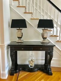 Ralph Lauren Console with Black Marble Top 37 x 52h x 20d and Pair of Decorative Lamps in Silver