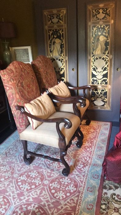  A pair of a total of three Italianesk armchairs with tapestry backs and Ralph Lauren fabric seats 