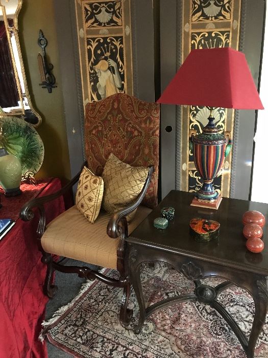  The third Italian chair along with the most beautiful hand-painted Italian lamp and antique Italian endtable
