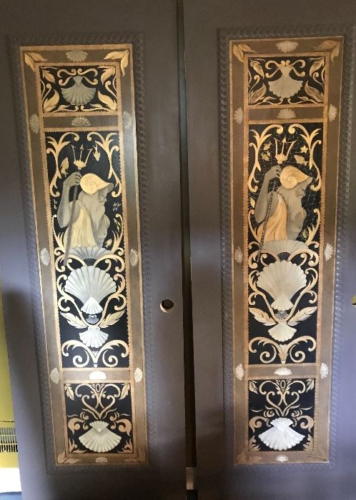  A pair of four hand painted doors ( there are a total of four) that came out of an apartment at the walnuts painted by the late artist Rod Schue