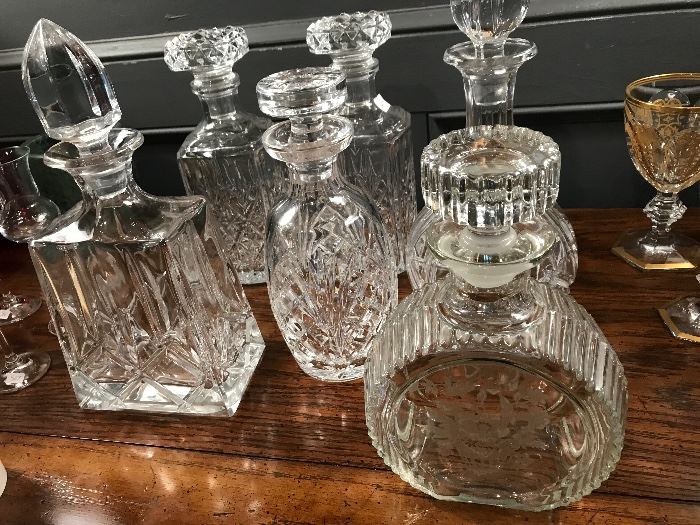  Decanters  antique and new,  Waterford, and antique Lalique reportedly from Admiral Halsey his personal yacht 