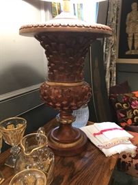 One of a pair of hand carved wood lamps