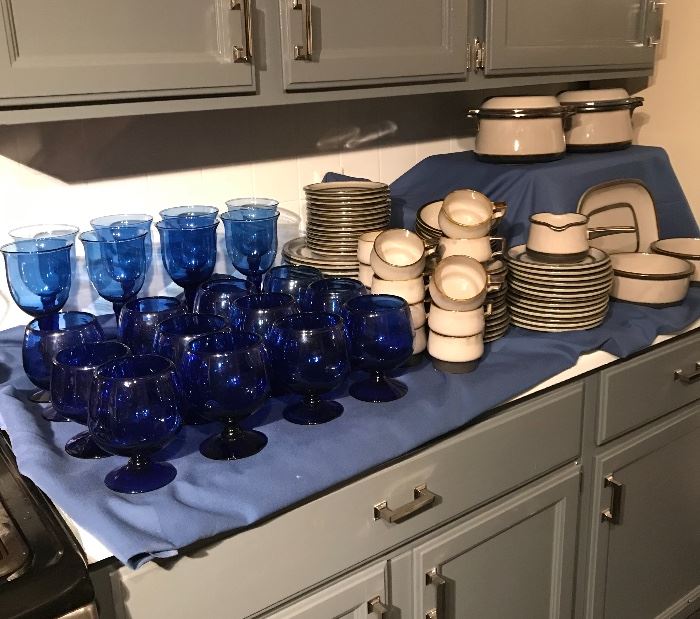  Bing and Grondahl pottery for 12 with extra serving pieces and blue glassware 
