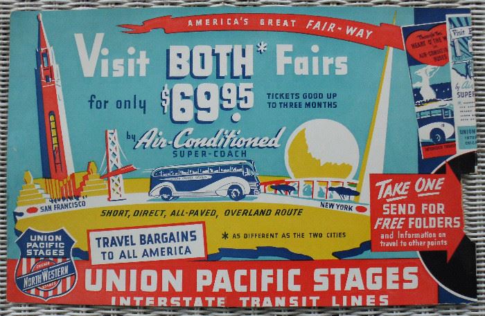 Union Pacific Bus Sign for 1939 1940 NY World's Fair & Golden Gate Exposition