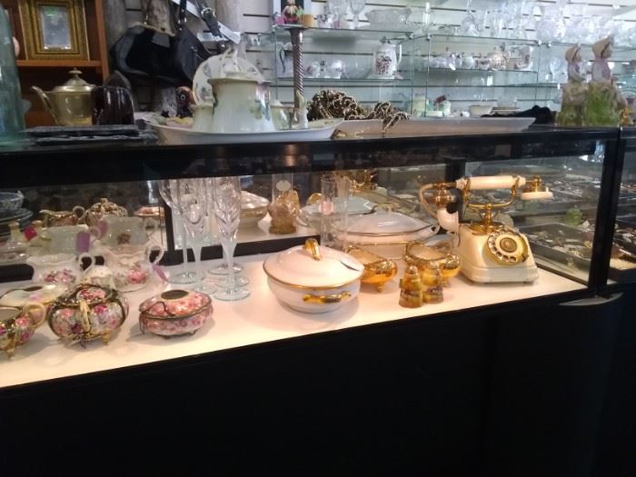 HANDPAINTED NIPPON, CRYSTAL STEMWARE, LOTS OF AMERICAN MADE SERVING DISHES, JEWELRY SHOWCASES SHOWN ARE FOR SALE , ALL HAVE BUILT IN LOCKS AND KEYS, LOCKING BUILT IN STORAGE BELOW