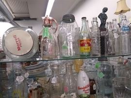 LOTS OF PRIMITIVES, MILK BOTTLES, KITCHEN TOOLS, BOTTLES, DISHES 