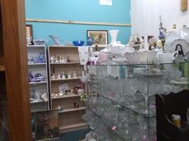 LOTS OF BEAUTIFUL BLUE AND WHITE DISHES, ELEGANT GLASS, STGEM WARE, MILK GLASS,