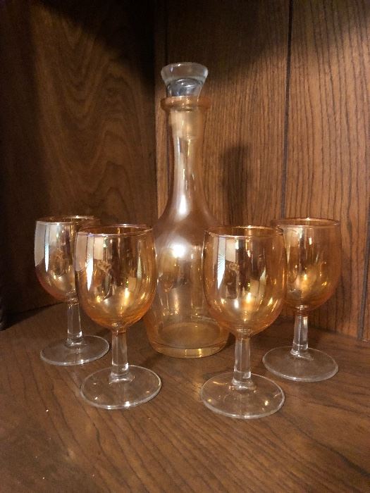 Vintage decanter and matching goblets with marigold flashing