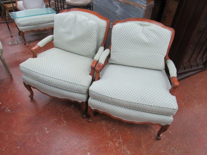 Pair of French style arm chairs and ottoman