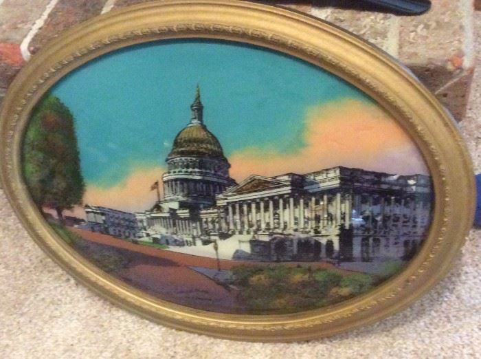 Vintage U. S. Capitol Building Reverse Painting under Convex Glass - Oval Shaped