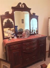 Antique 3/4 bed, dresser with mirror and side table