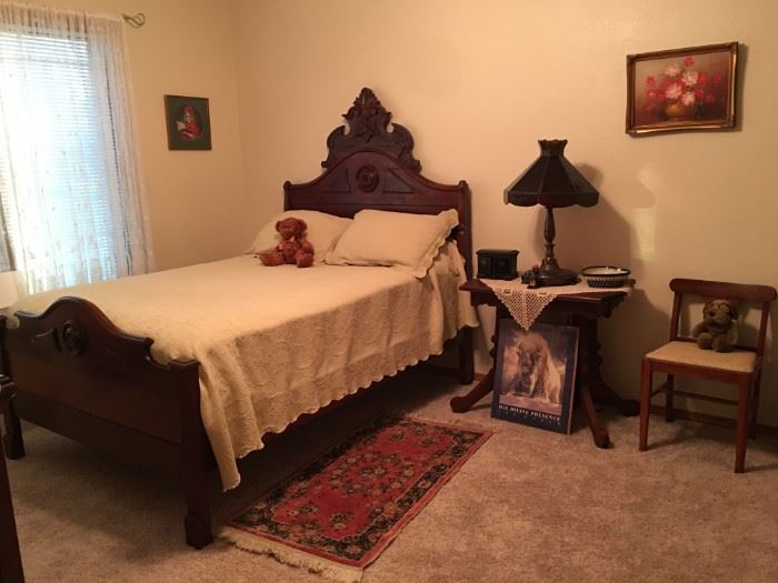 •	Antique 3/4 bed, dresser with mirror and side table