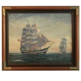 Vintage Clipper Ship Oil Painting