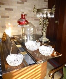Large Victorian display dome, cut glass bowls 