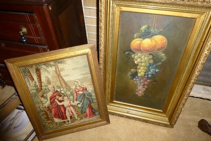 Antique wool needlepoint and oil painting of fruit