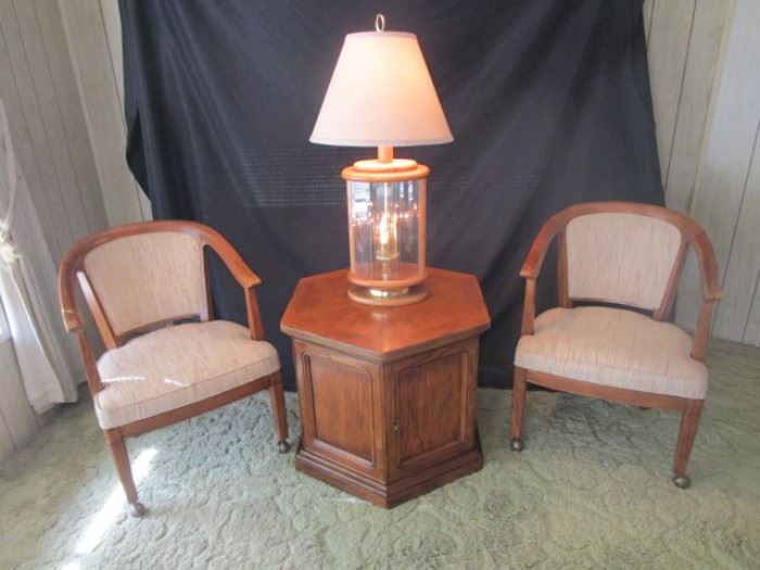 Vintage Octagon Oak Side Cabinet, Lamp, and Side Chairs