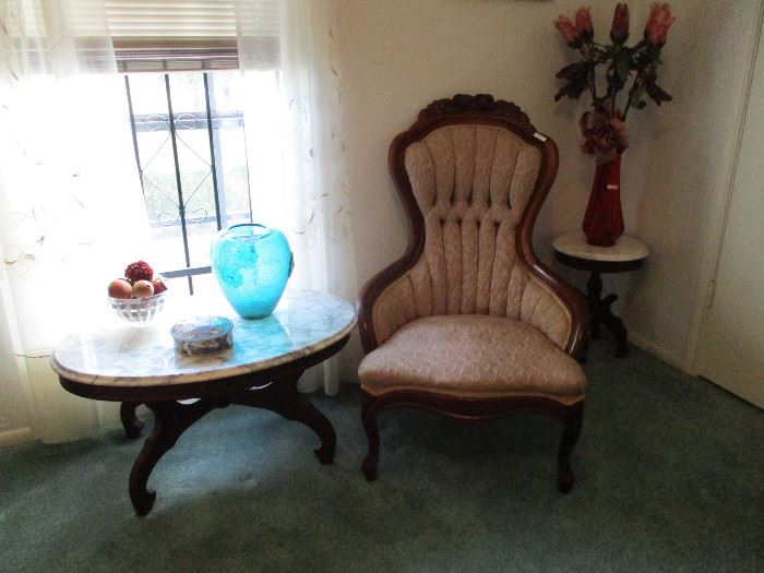 Nice Smaller Marble Top Table and one of a pair of Sitting Chairs and small stools or side tables