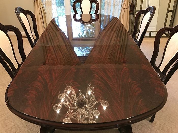 Contemporary Lacquered Dining Set.  Table with extra insert leaf two arm chairs four side chairs and light up china cabinet  