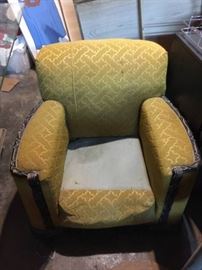 Antique Gold Damask upholstered wood armchair