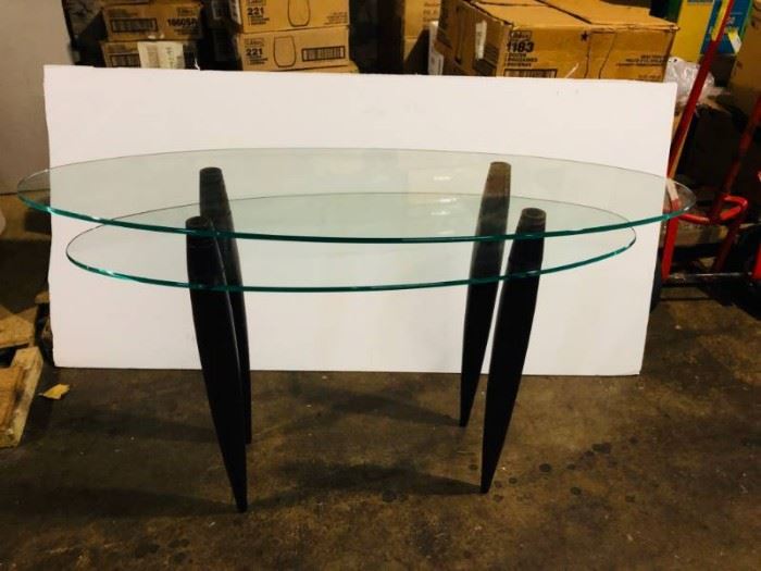 Oval Glass Sofa table with purple stained wood leg ...