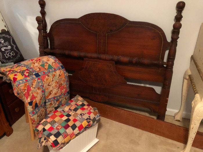 antique double bed frame oak, antique quilts