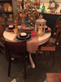 Wood Spool top table with pedestal base, Fiesta ware