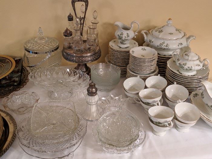 Large China set for 12, various serving dishes, antique cruet set