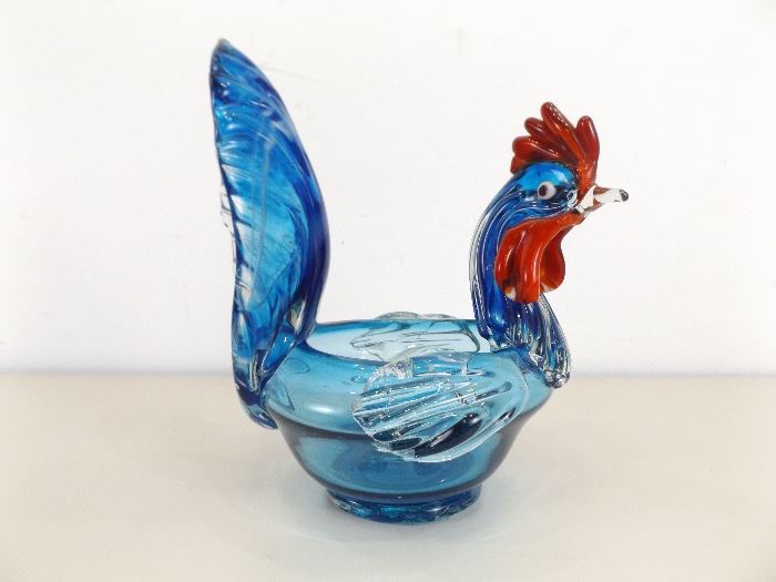 Vintage Hand Blown LARGE Glass Rooster Bowl
