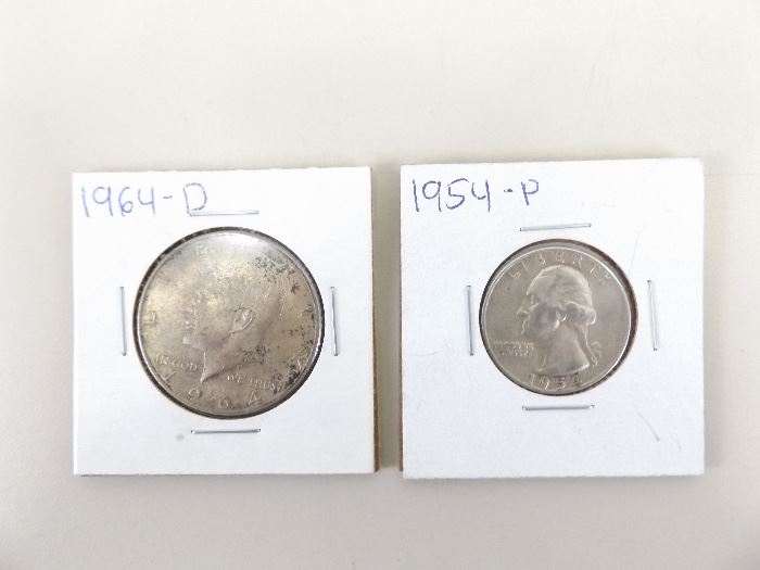 90% Silver 1964-D Kennedy Half Dollar, and 1954-P Washington Quarter
