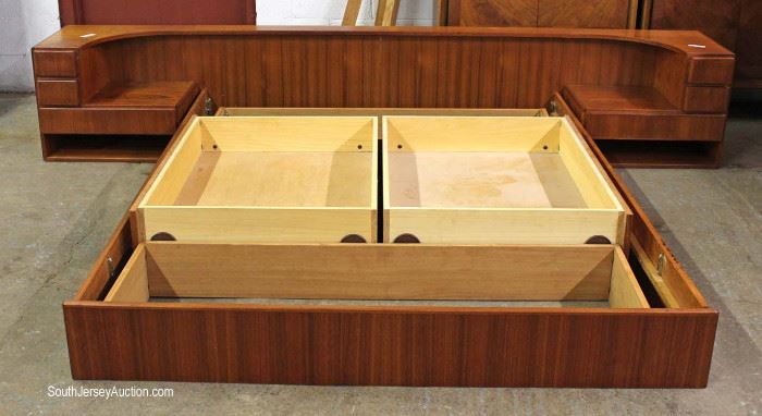 4 Part Modern Design Danish Walnut Platform Bed with Night Stands by ‘Komfort Furniture Makers Danish Quality Control, made in Denmark’Located Inside – Auction Estimate $100-$300
Bed is 4 Part Modern Design Platform Bed with Under Storage Drawers
Located Dock – Auction Estimate $50-$100