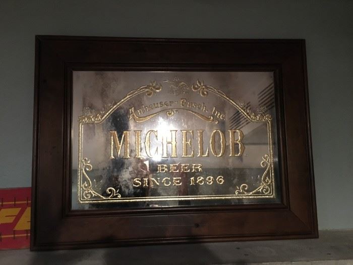 Antique Michelob mirrored sign with custom Missouri walnut frame. 