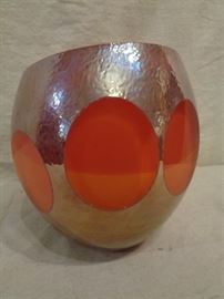 Modern studio art glass vase with metallic glass overlay