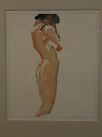 Framed female nude watercolor