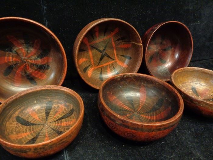 Antique Imperial Russian Khokhloma folk art lacquer wood bowls