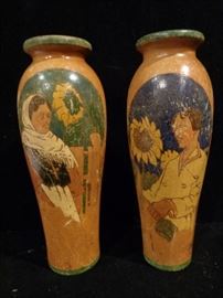 Pair Imperial Russian Kustar folk art wood vases