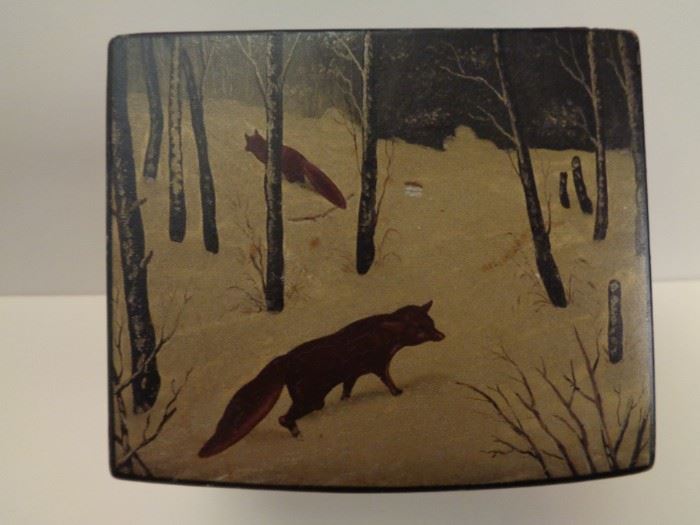 Antique Imperial Russian hand painted lacquer tea box decorated with foxes