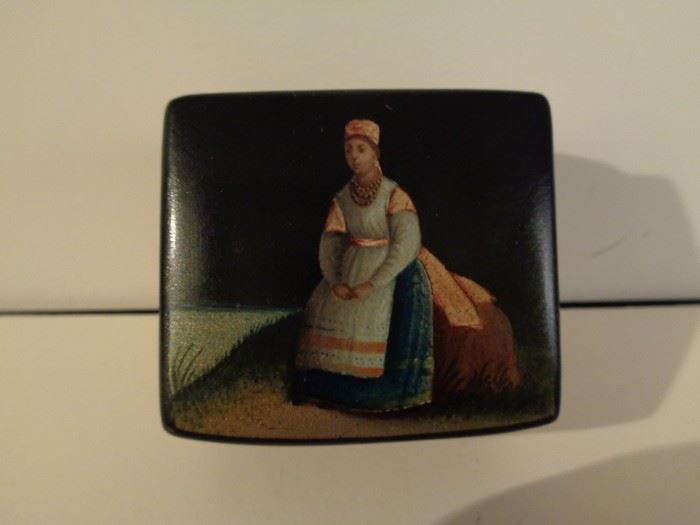 Antique Imperial Russian hand painted lacquer box decorated with woman in national dress