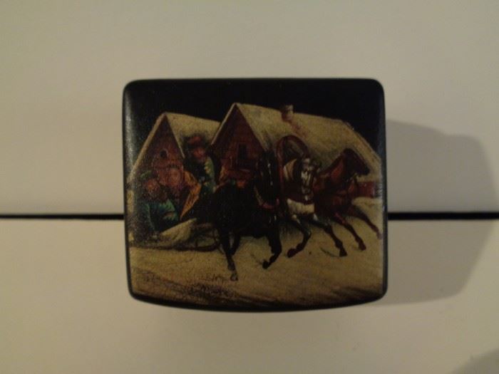 Antique Imperial Russian hand painted lacquer box decorated with troika sleigh scene