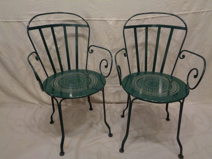 Pair green enameled metal cafe chairs by Fermob France