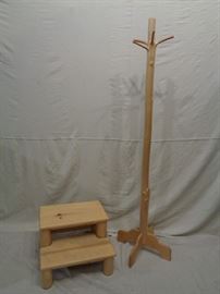 Rustic Douglas fir log coat rack and step stool by Chicken & Egg Furniture