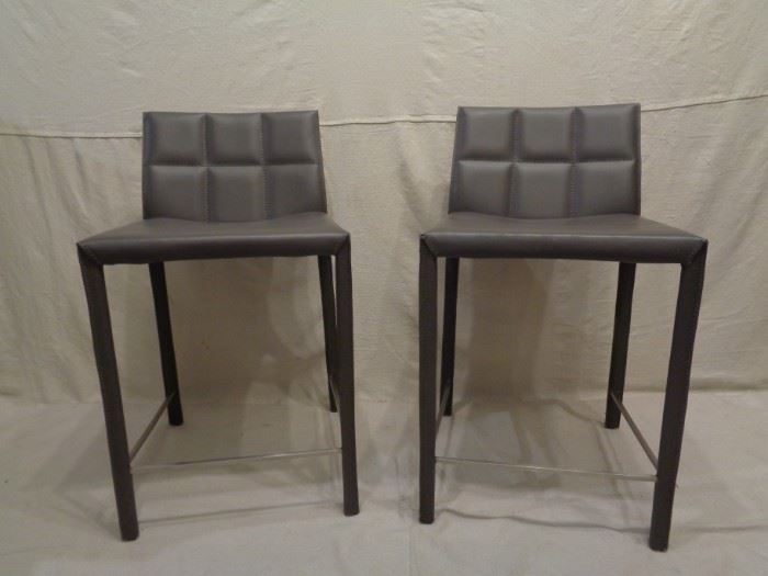Pair modern style grey leather barstools 
