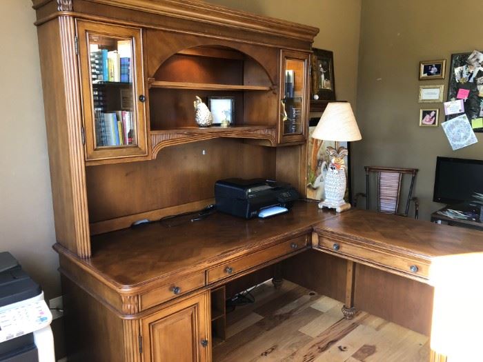 Desk, hutch with lights, glass doors