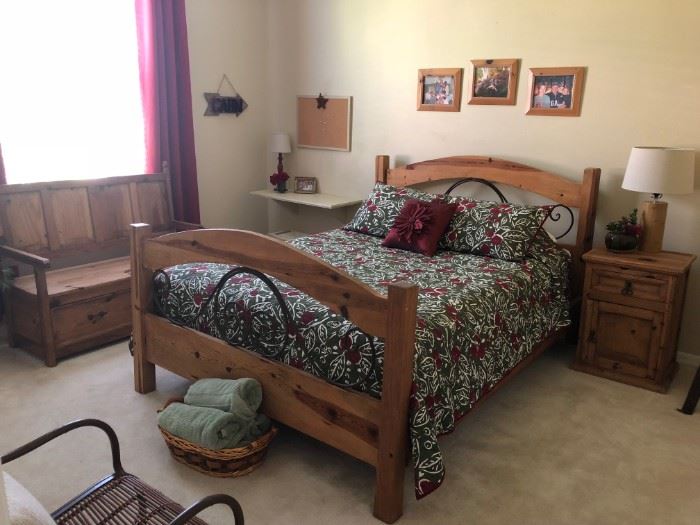 Pine bedroom set with night stand, bench with 2 storage drawers, queen mattress firm rarely used.