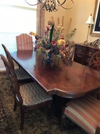 Stanley Dining pedestal table, 4 upholstered chairs armless, 2 upholstered chairs with arms.