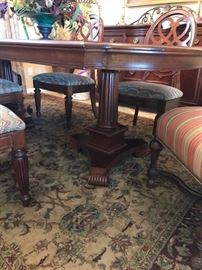 Stanley Dining pedestal table, 4 upholstered chairs armless, 2 upholstered chairs with arms.