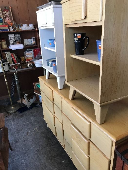 Mid-century blonde dresser and 2 night stands, one of which has been painted white