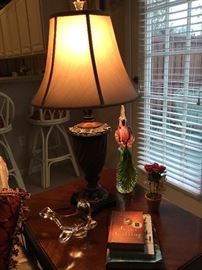Set of two end tables, lamps and we spy a crystal parrot