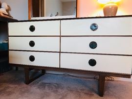 Mid-Century modern dresser with offset mirror and spade drawer pulls