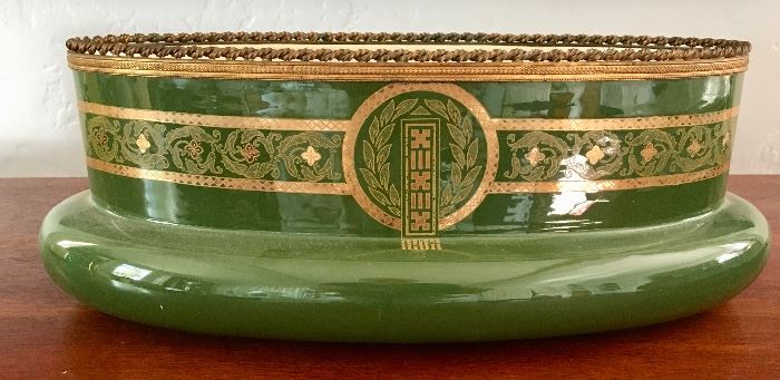 Large Enameled European Cased Glass Jardinière with Brass Rope Gallery
